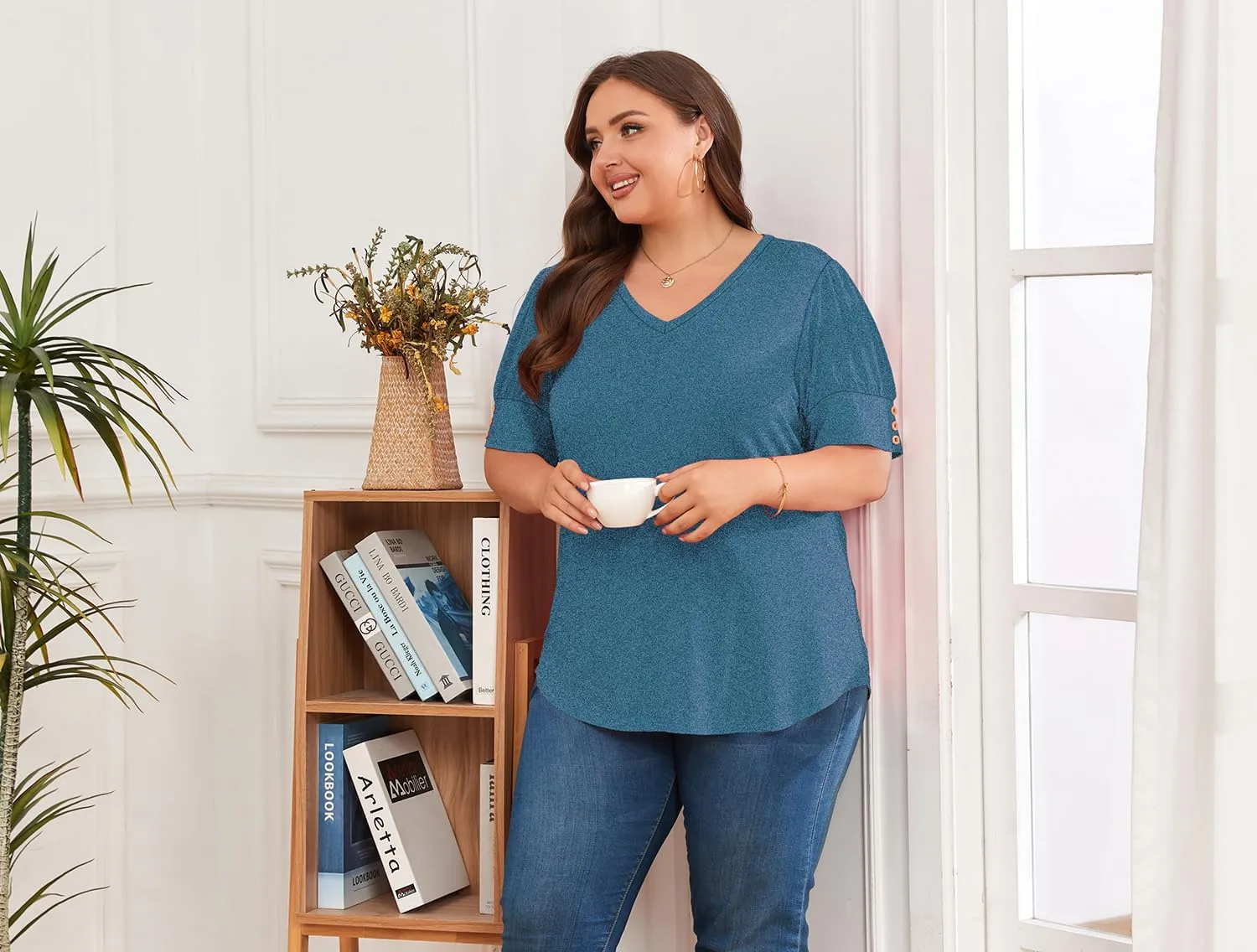 Women's Button Plus Size Tops Pleated Puff Sleeve V Neck Blouses Summer Casual Tunic T Shirt