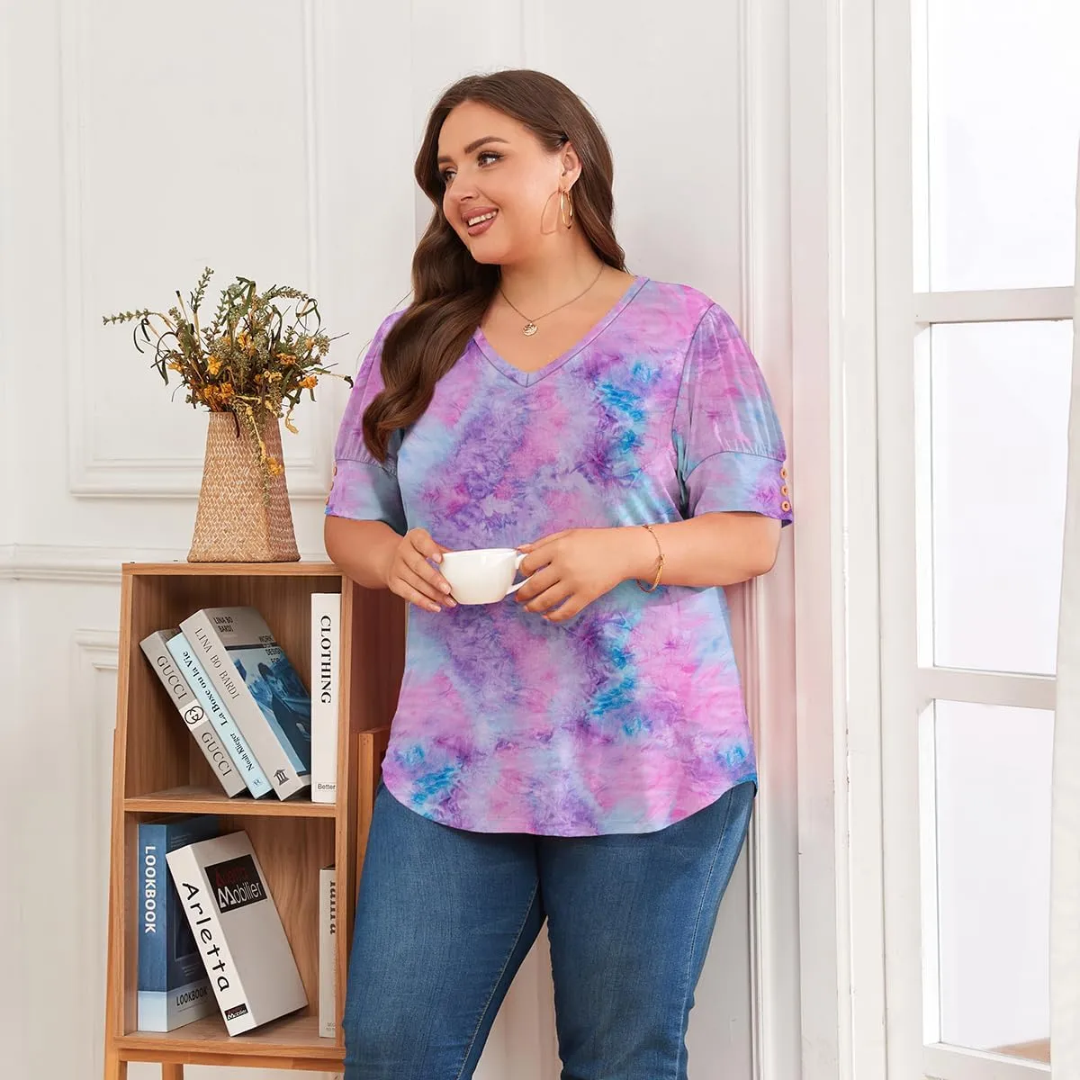 Women's Button Plus Size Tops Pleated Puff Sleeve V Neck Blouses Summer Casual Tunic T Shirt