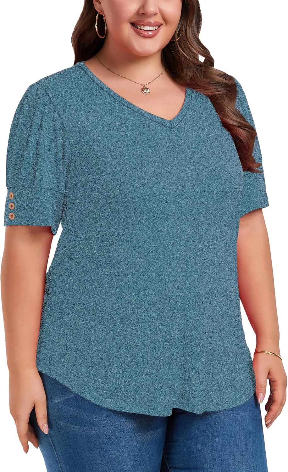 Women's Button Plus Size Tops Pleated Puff Sleeve V Neck Blouses Summer Casual Tunic T Shirt
