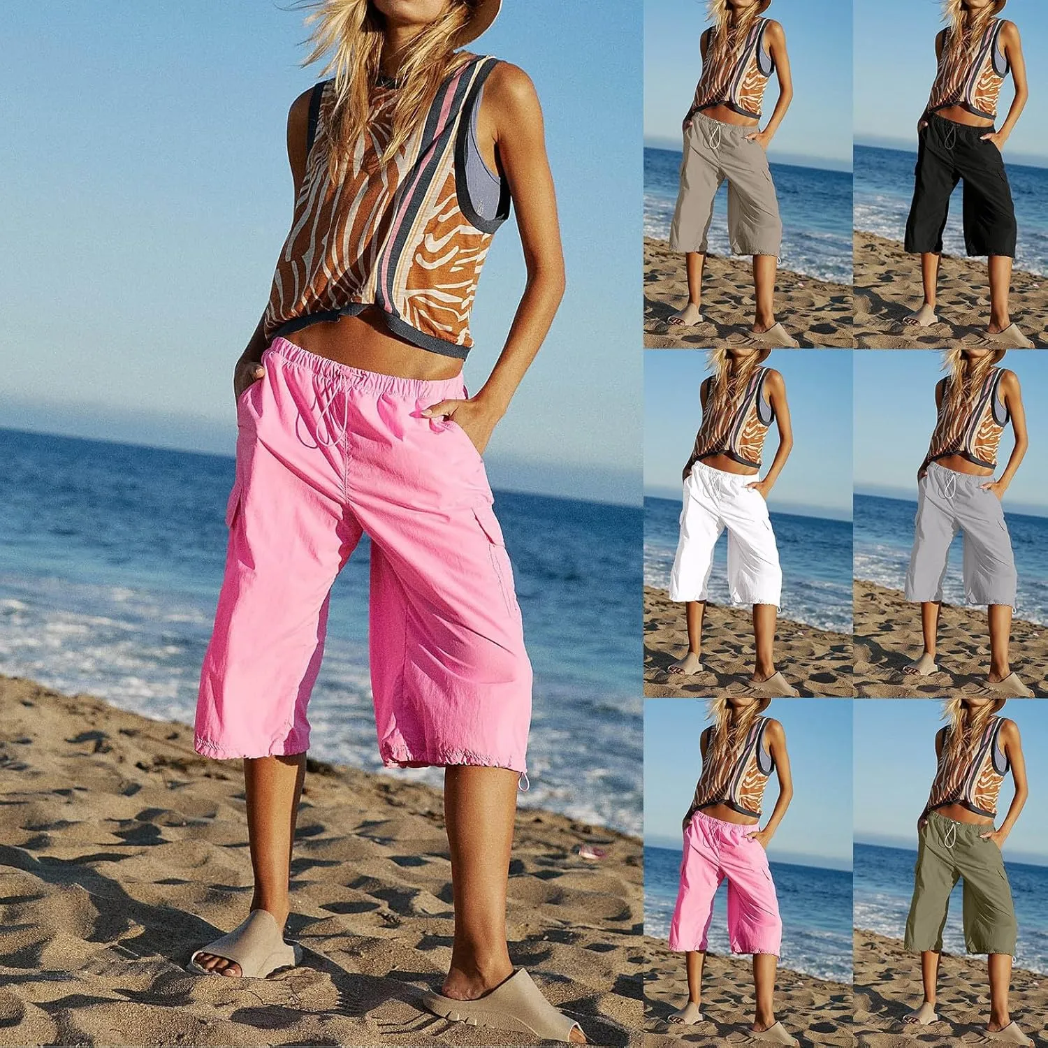 Women's Hiking Cargo Shorts with Pockets Break It Down Pants Summer Elastic Athletic Shorts Baggy Bermuda Shorts
