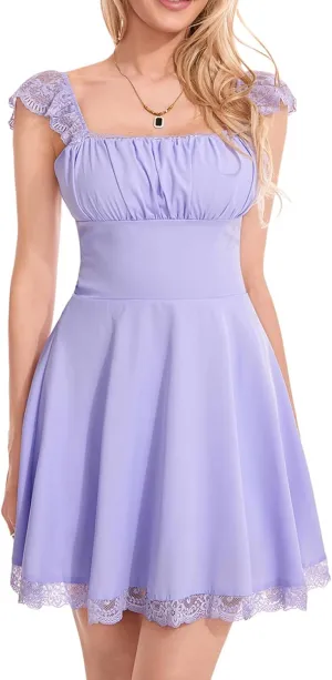 Women's Lace Trim Mini Dress Spaghetti Strap Square Neck Backless Ruched A Line Swing Dress Flowy Sexy Party Dress