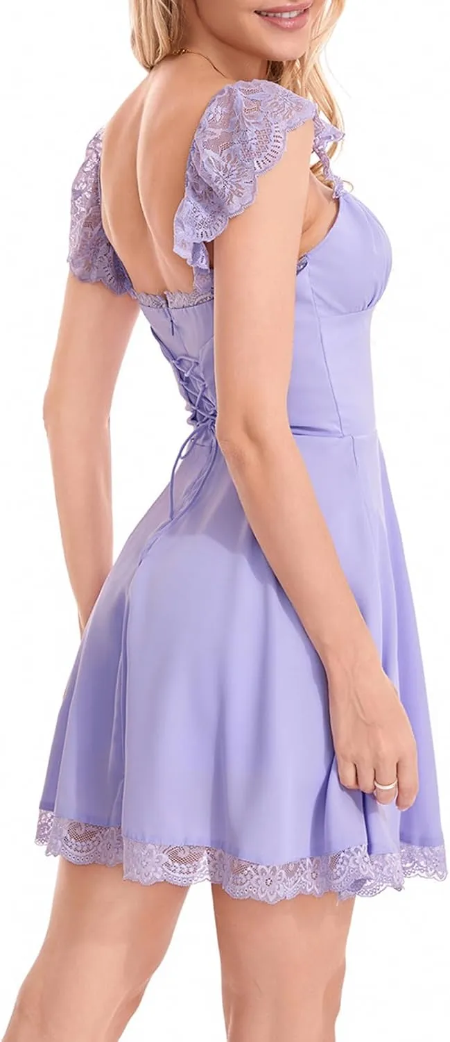 Women's Lace Trim Mini Dress Spaghetti Strap Square Neck Backless Ruched A Line Swing Dress Flowy Sexy Party Dress