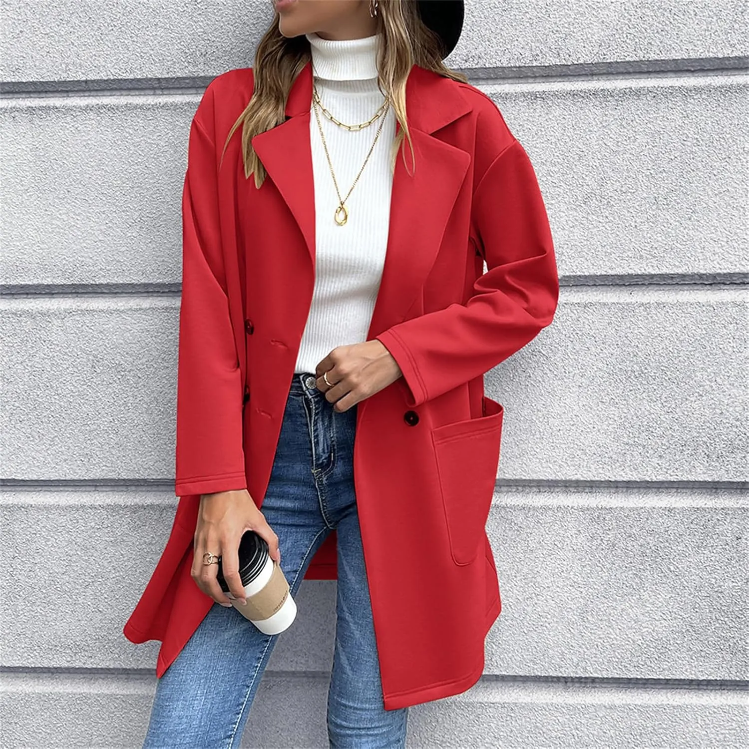 Women's Long Blazers Button Down Jackets Lapel Open Front Coats Long Sleeve Casual Loose Solid Outwear with Pockets