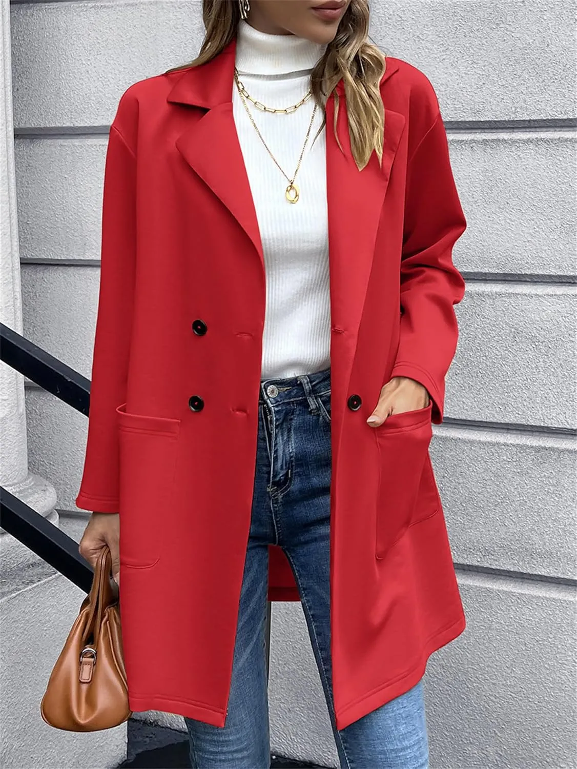 Women's Long Blazers Button Down Jackets Lapel Open Front Coats Long Sleeve Casual Loose Solid Outwear with Pockets