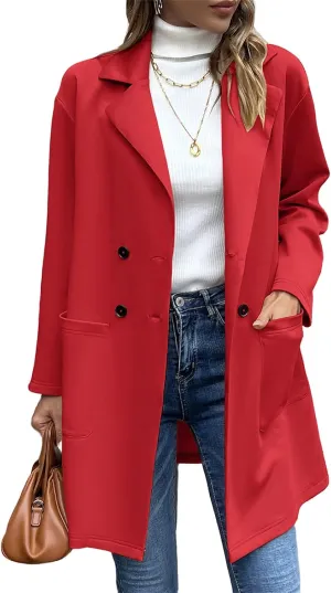 Women's Long Blazers Button Down Jackets Lapel Open Front Coats Long Sleeve Casual Loose Solid Outwear with Pockets