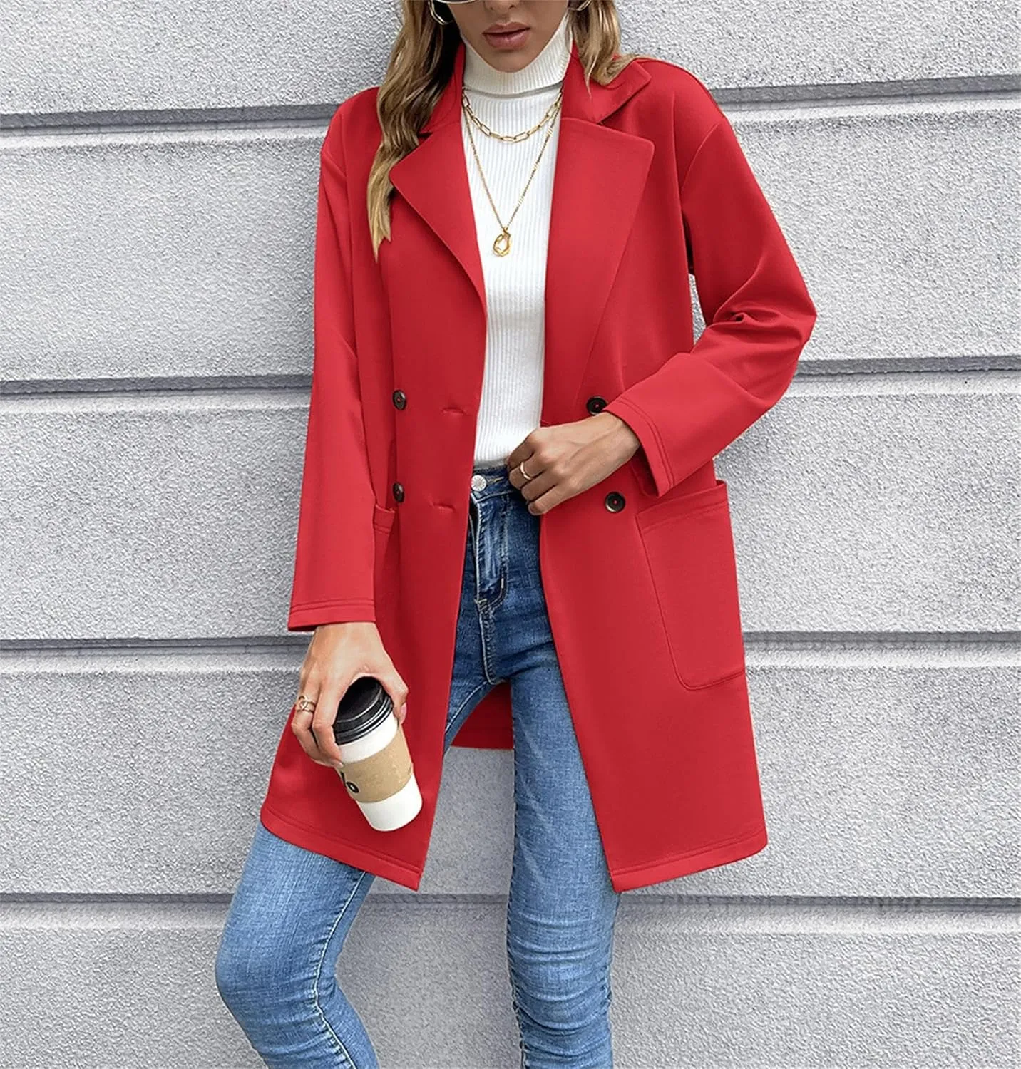 Women's Long Blazers Button Down Jackets Lapel Open Front Coats Long Sleeve Casual Loose Solid Outwear with Pockets