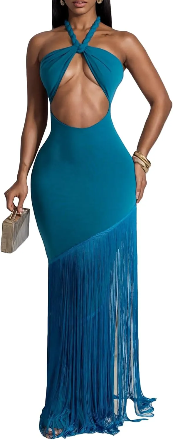 Women's Sexy Halter Backless Maxi Dress Cut Out Sleeveless Bodycon Long Fringes Club Party Cocktail Dresses