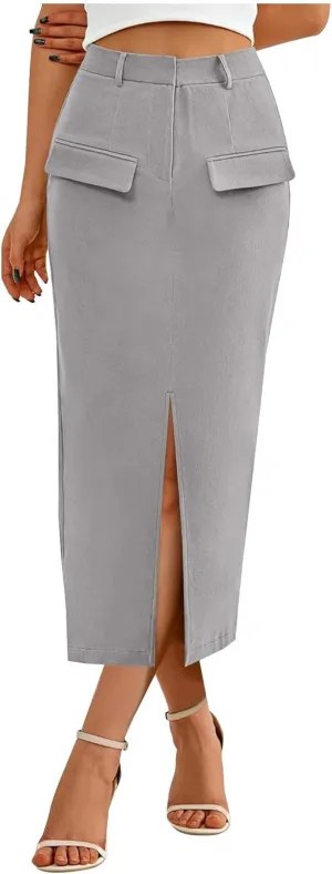 Women's Summer High Waist Split Warp A Line Dressy Long Skirts Trendy Business Work Pencil Midi Skirt with Pockets