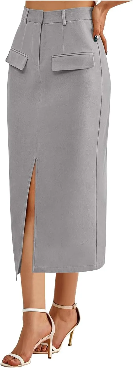 Women's Summer High Waist Split Warp A Line Dressy Long Skirts Trendy Business Work Pencil Midi Skirt with Pockets