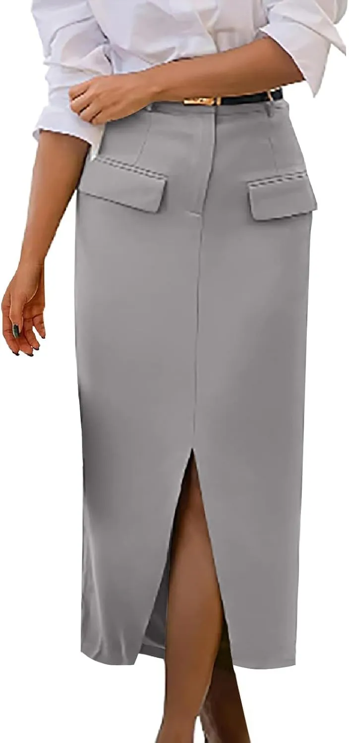 Women's Summer High Waist Split Warp A Line Dressy Long Skirts Trendy Business Work Pencil Midi Skirt with Pockets