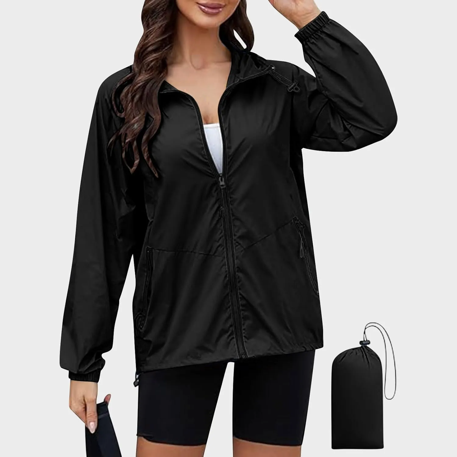XUNRYAN Rain Jackets for Women Hooded Waterproof Packable Windbreaker Fall Outfits Sports Coat Outdoor Hiking Travel Jacket